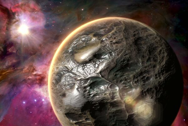 A detailed video of an alien planet with a textured surface, set against a vibrant backdrop of nebulae and distant stars, featuring a bright star shining on the left.