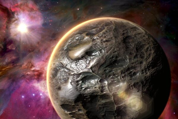 HD video of a mysterious planet with a metallic surface is set against a vibrant, star-filled nebula in deep space.