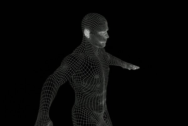 4K video loop of a 3D wireframe of a human figure against a black background, showcasing intricate geometric patterns in digital design and modeling.