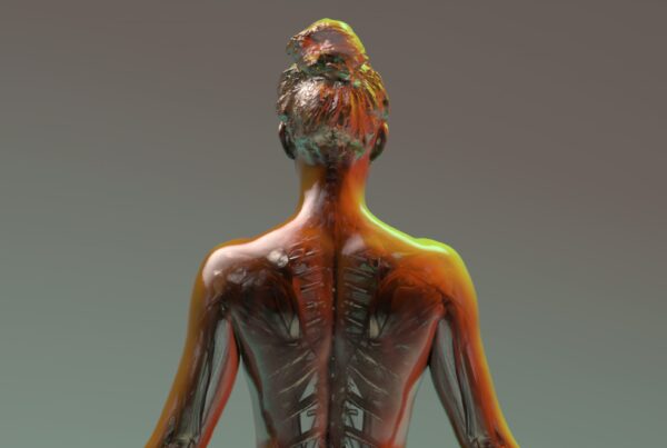 Digital 4K animation loop of a rotating female figure showcasing anatomy, muscles and spine with artistic lighting.