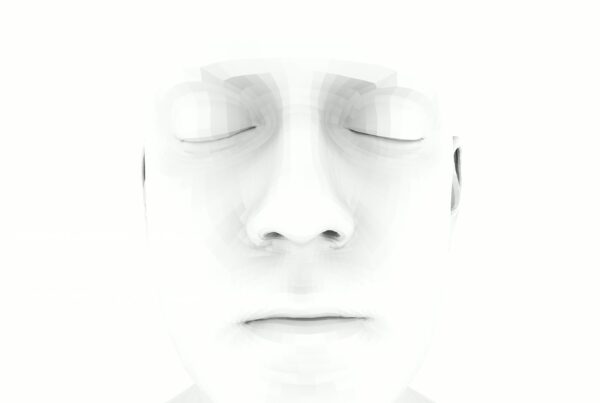 4K video loop rendered white abstract face with closed eyes, representing digital art.
