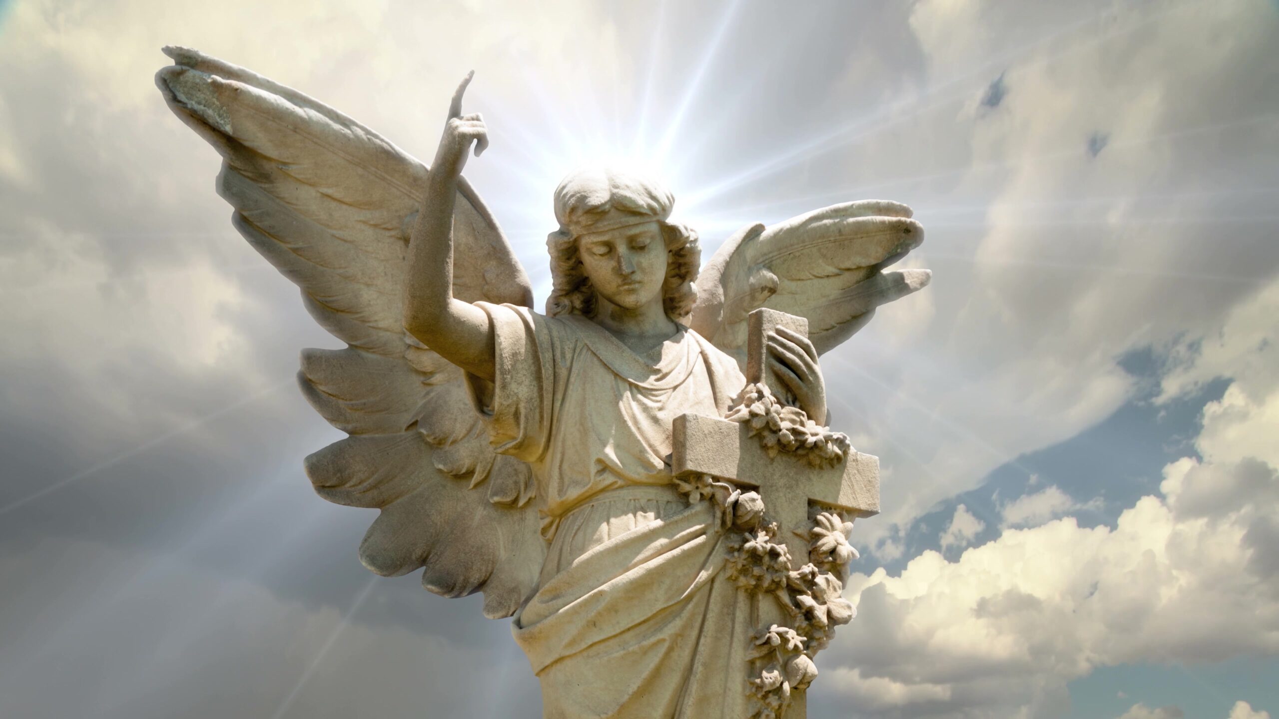 Heavenly Angel Statue with Cross 4K Loop