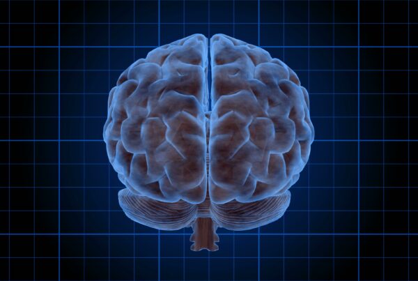 4K video loop of a digitally rendered human brain illuminated in blue, displayed on a blue grid background, conveying themes of neuroscience and technology.