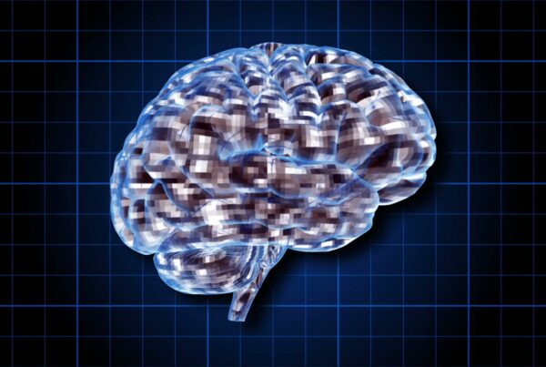 Abstract digital brain with pixelated animation effect against a blue grid background, symbolizing future technology and neuroscience.