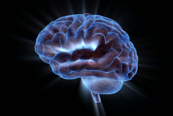 A 3D animation loop of an illuminated blue human brain rotating against a dark background.