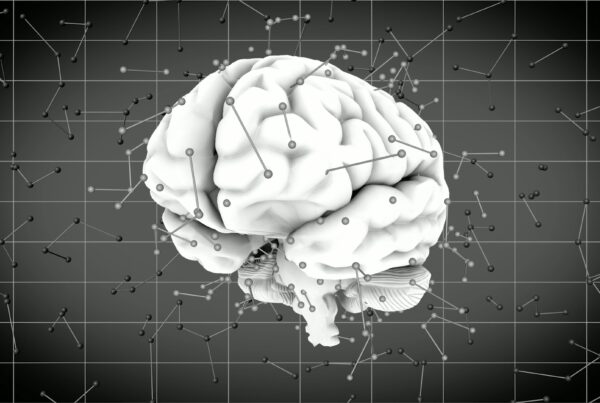 4K digital 3D animation loop of a brain with network connections and nodes on a grid background.