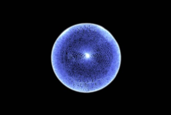 An animation loop of a luminous blue sphere with a radiant core and intricate patterns on a black background.