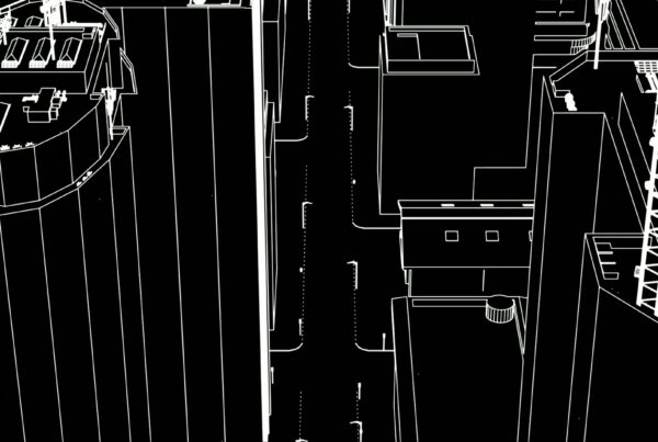 Stylized black and white 4K looping video of a cityscape from above.