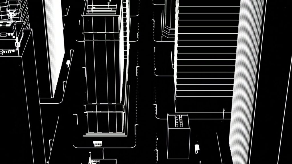Black and white Wireframe animation of an urban cityscape viewed from above, featuring detailed rooftop structures and tall buildings flanking narrow streets.