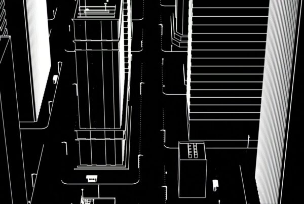 Black and white Wireframe animation of an urban cityscape viewed from above, featuring detailed rooftop structures and tall buildings flanking narrow streets.