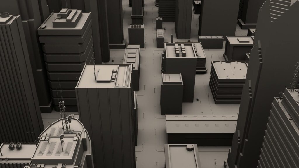 Monochromatic 3D cityscape animation loop featuring tall buildings and narrow streets in a grid-like pattern, creating a futuristic and abstract urban environment.