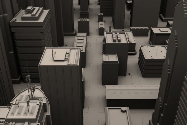 Monochromatic 3D cityscape animation loop featuring tall buildings and narrow streets in a grid-like pattern, creating a futuristic and abstract urban environment.