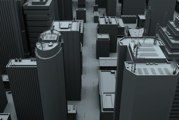 4K video loop of a monochrome aerial view of a cityscape with tall buildings, showing technological equipment on rooftops, creating a minimalistic and futuristic urban scene.