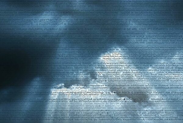 4K video loop depicting a dramatic cloudy sky intertwined with animated digital code and symbols, representing the fusion of nature and technology.