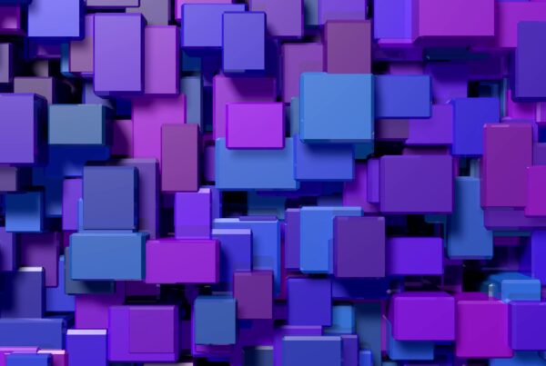 A 3D animation of colorful 3D cubes in shades of purple and blue, video loop.