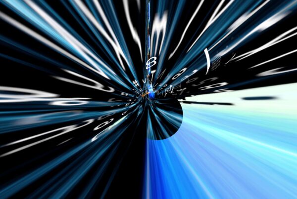 Abstract 4K video loop showing swirling numbers and symbols in a vortex with blue and black streaks radiating from a central point.