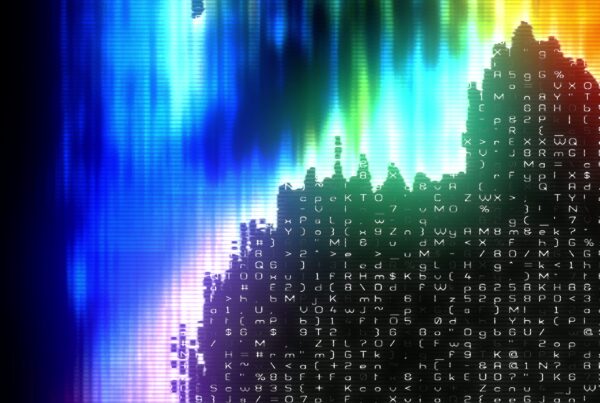 Abstract digital video loop with colorful gradients and alphanumeric data code overlays.
