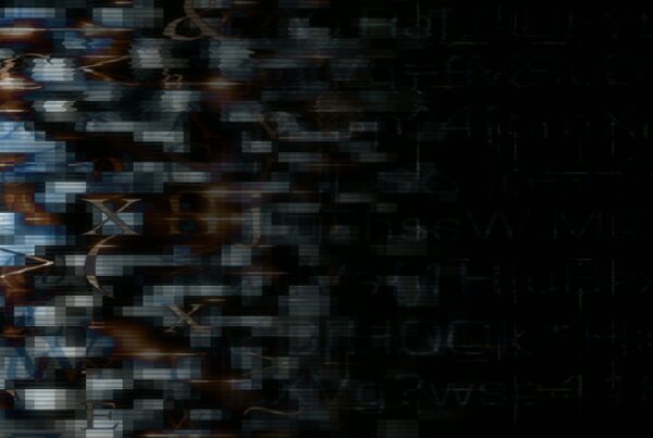 Abstract digital art looping video with glitchy letters and symbols, featuring a dynamic and futuristic composition.