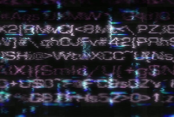 Video loop of a digitally glitched screen showing distorted text and symbols in vibrant colors on a dark video background.