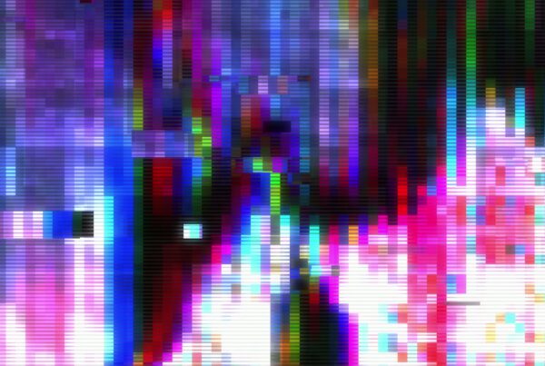 A vibrant digital glitch art video loop with colorful horizontal lines and blocks, showcasing an abstract distortion in magenta, blue, green, and purple hues.