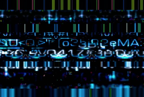 4K video loop of an abstract digital glitch with vibrant blue code and symbols on a dark background, showing digital complexity and error.