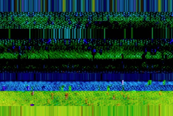 Abstract 4K video loop with glitch effect using blue, green, and yellow bands creating dynamic distortions.