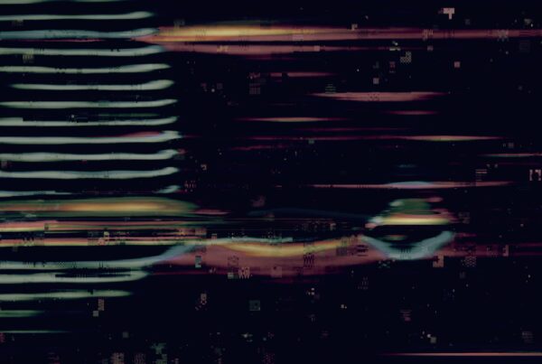 Abstract digital glitch art 4K video loop with colorful horizontal lines and pixelated patterns on a dark video background.