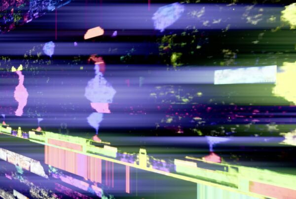 A vibrant and abstract digital glitch art video loop with colorful horizontal streaks in purples, pinks, and greens, displaying a dynamic and chaotic animation.