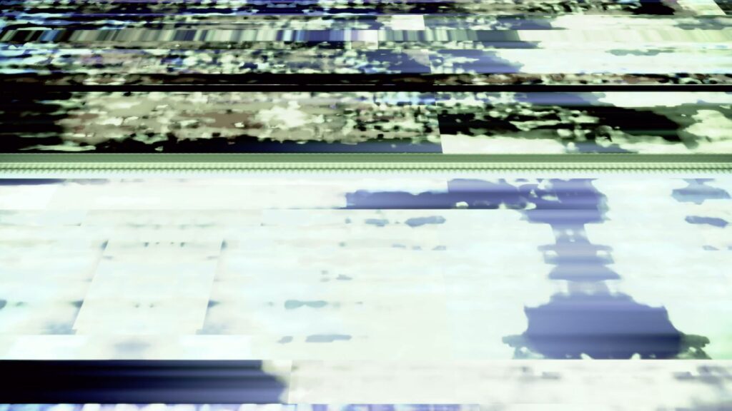 An abstract digital looping video featuring a glitch effect with horizontal lines and fragmented colors in shades of blue, green, and beige, creating a surreal and complex composition.