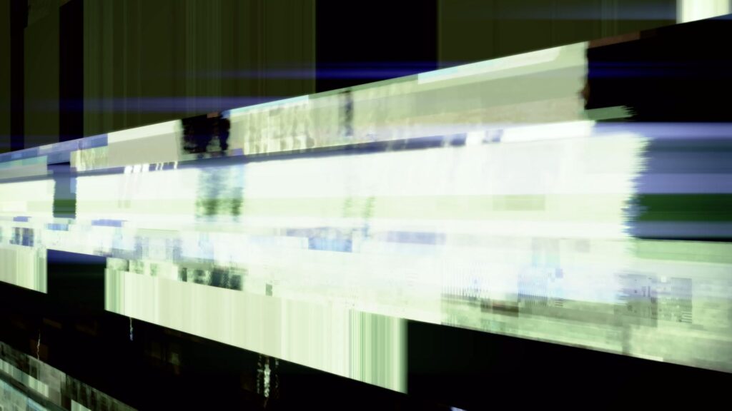 Abstract digital glitch art looping video with green, white, and black horizontal bands creating a dynamic, futuristic aesthetic.