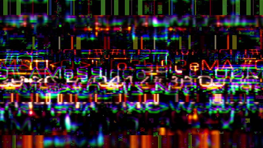 Vibrant digital glitch art video loop featuring colorful neon hues and fragmented text with chaotic overlapping patterns and pixelated sections.