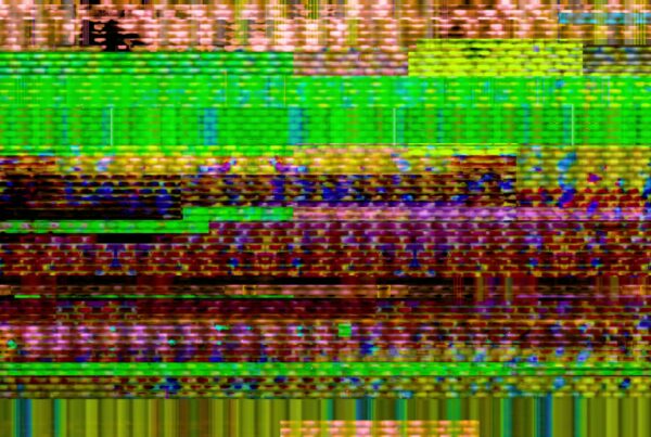 Abstract digital video loop glitch art showcasing vibrant colors and pixelated patterns, resembling a distorted electronic display with horizontal bands in green, red, yellow, and purple.