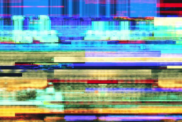 Abstract digital glitch video loop with vibrant colors and lines creating a chaotic pattern reminiscent of signal interference.