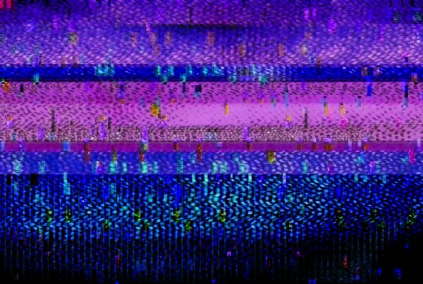 Vibrant digital glitch art video loop featuring abstract patterns with shades of purple, blue, and hints of pink, creating a modern, pixelated aesthetic.