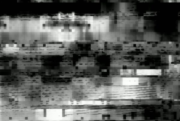 4K looping video of an abstract black and white glitch art with horizontal lines and digital distortion effects.