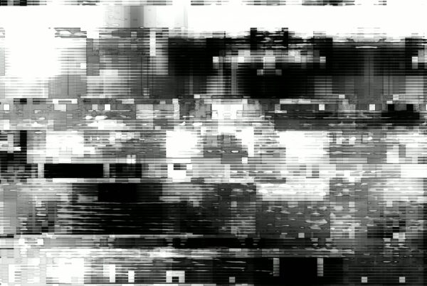 Black and white 4K video loop of glitch art with abstract digital distortion.