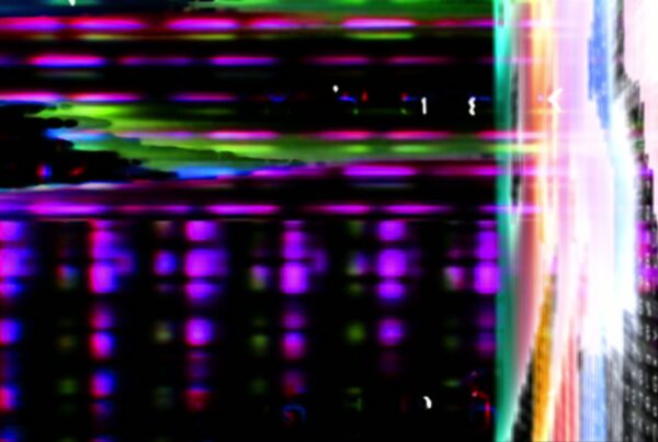 Abstract video loop glitch art featuring vibrant horizontal bands of purple, green, and blue with digital code overlay, creating a dynamic and colorful digital animation.
