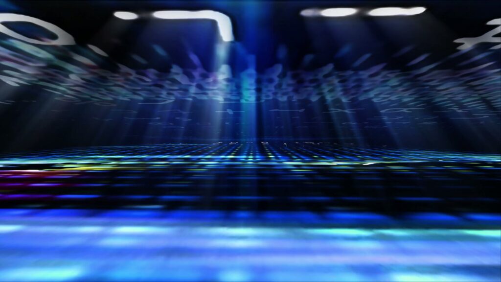 Abstract futuristic video loop with blue and purple lighting, digital symbols, and light beams creating depth and motion.