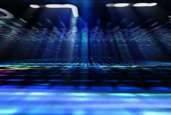 Abstract futuristic video loop with blue and purple lighting, digital symbols, and light beams creating depth and motion.