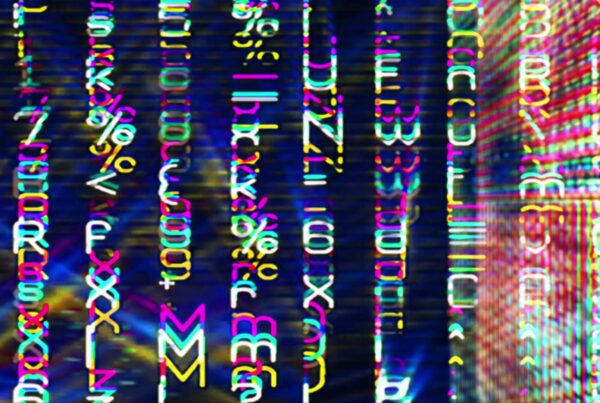 A vibrant digital video loop featuring colorful abstract symbols and letters resembling a futuristic code, set against a dark background, creating a striking contrast with neon shades of pink, yellow, and cyan.