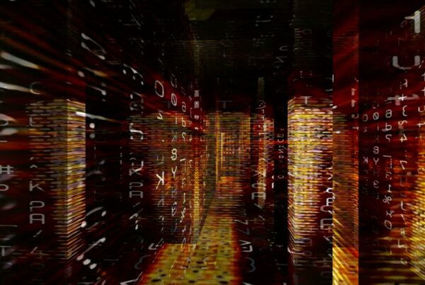 Abstract digital maze filled with glowing orange and red colors, featuring a cascade of floating alphanumeric symbols, creating a sci-fi, cyber-inspired video loop.