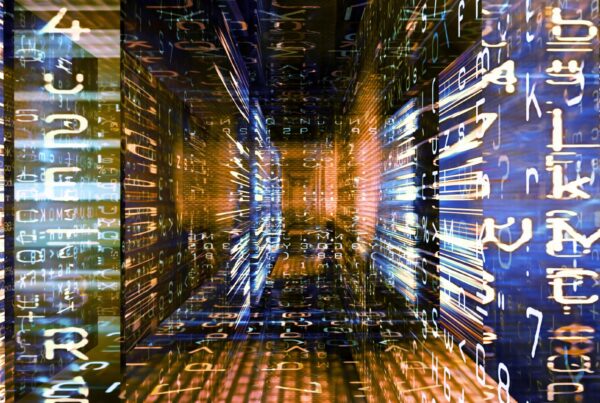 4K video loop of a vibrant tunnel filled with glowing alphanumeric characters and symbols, representing a digital, futuristic concept.