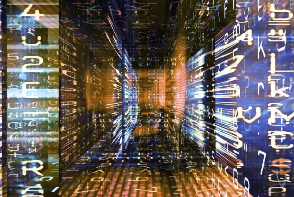 A glowing video loop tunnel with abstract numbers and letters, creating a futuristic digital ambiance.