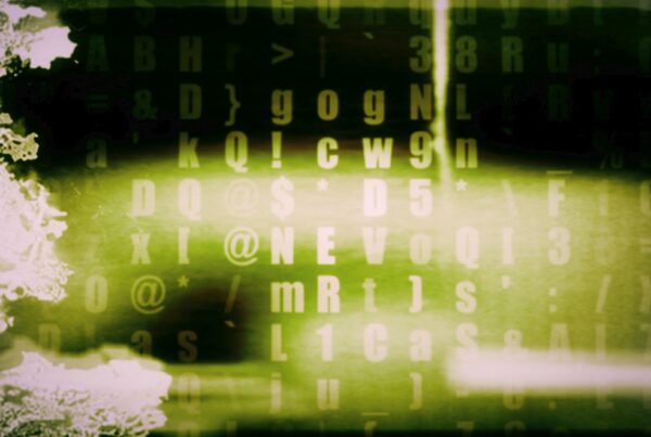 Digital 4K video loop abstract with green coded characters.