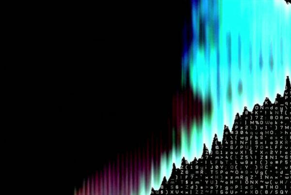 Abstract digital video loop featuring vibrant blue and purple wave patterns contrasting against a black background, with alphanumeric characters and symbols creating a futuristic code landscape.