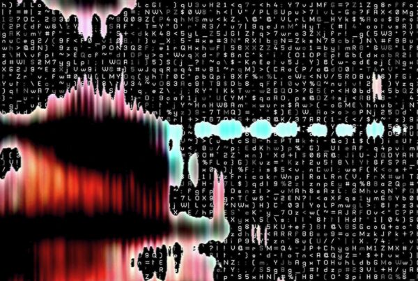 Abstract digital 4K video loop featuring vibrant blue and purple wave patterns contrasting against a black background, with alphanumeric characters and symbols creating a futuristic code landscape.