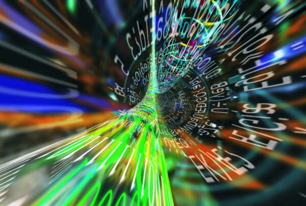 Futuristic video loop of a digital data tunnel with swirling neon colors and alphanumeric characters, symbolizing technology and information flow.