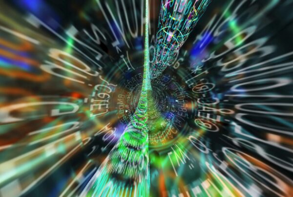 Futuristic looping 4K video of a digital tunnel with swirling numbers and colors.