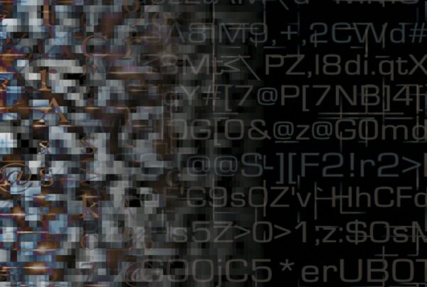 An abstract looping video featuring a blend of pixelated shapes and encrypted alphanumeric text, creating a digital, techno-artistic aesthetic.