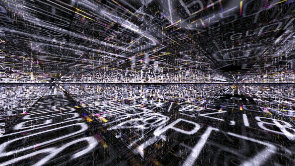 An abstract digital video loop depicting an infinite data corridor filled with alphanumeric characters, symbolizing rapid data transfer and complexity in cyberspace.